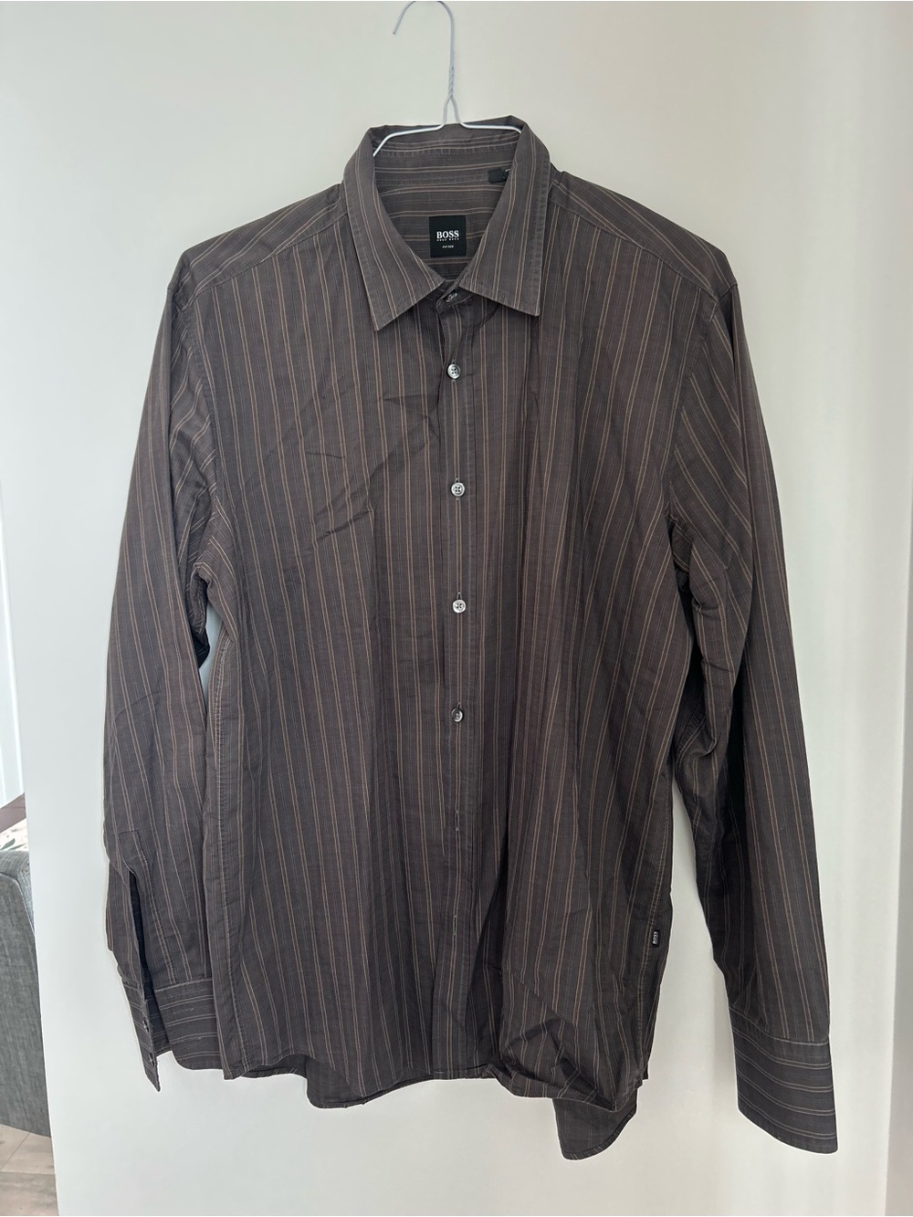 BOSS Men's Brown Pinstripe Dress Shirt